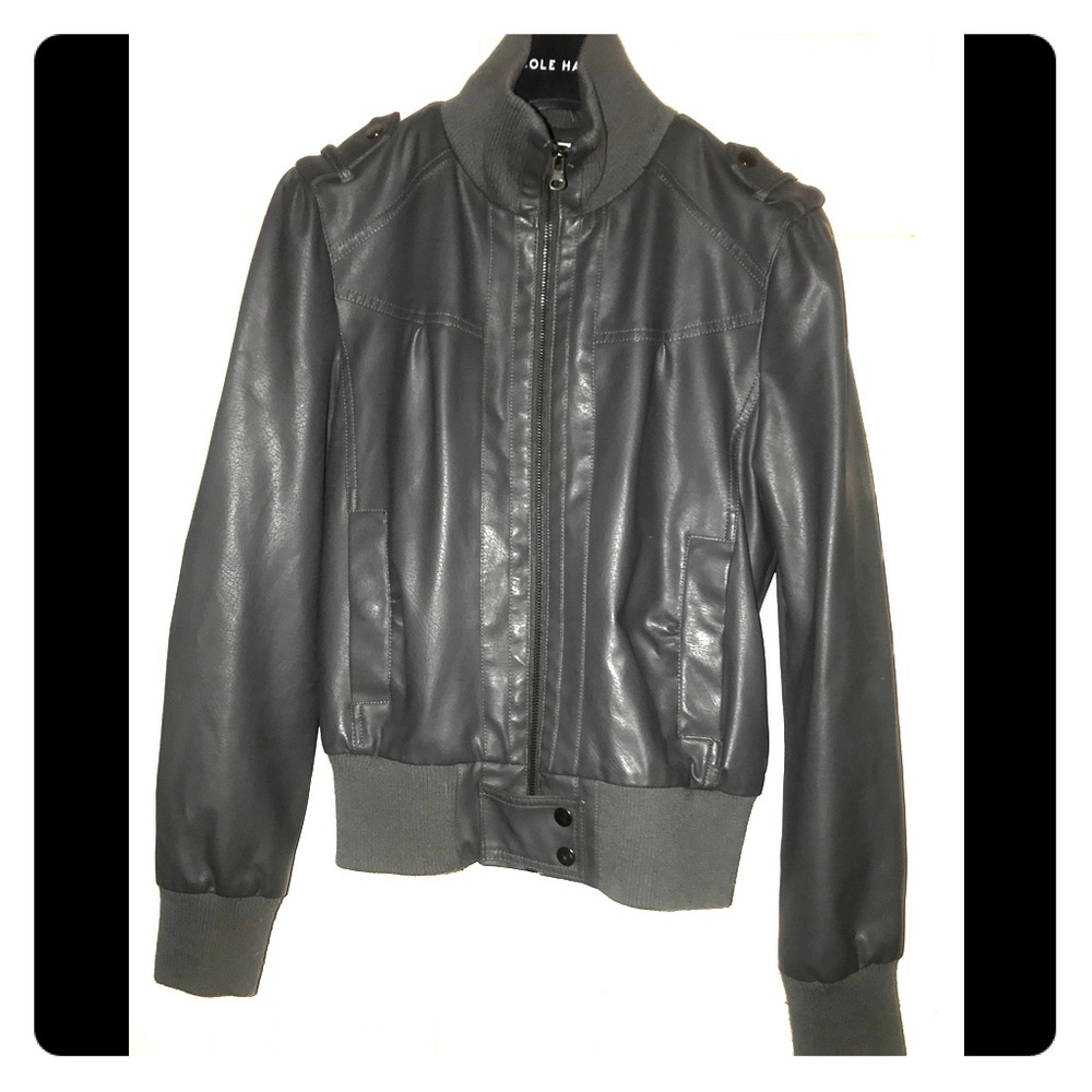 Gray Leather Bomber Jacket